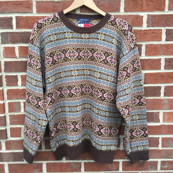 Vintage Tommy Hilfiger Sweater Mens Large Brown Fair Isle Print Dad Grandpa 90s - Picture 1 of 7